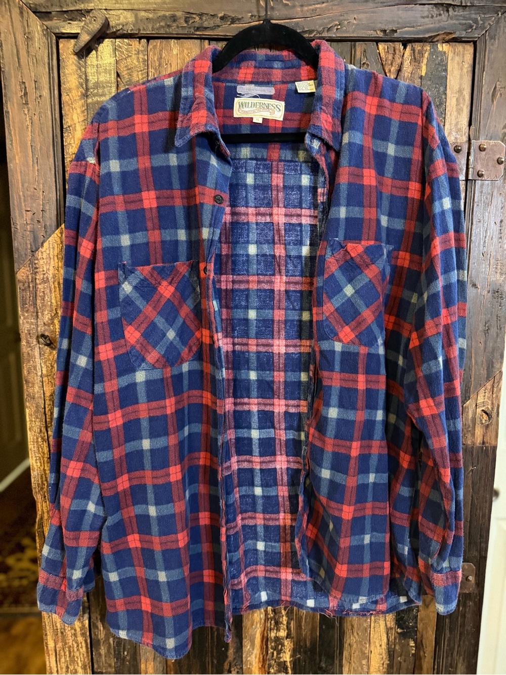 Vintage 90s Wilderness Flannel Shirt XL Blue Red Plaid Ramie Cotton Grunge - Picture 1 of 6